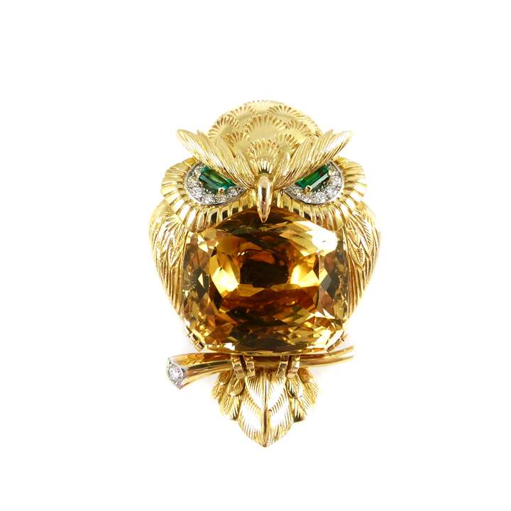 Mid-20th century citrine, emerald, diamond and gold owl brooch